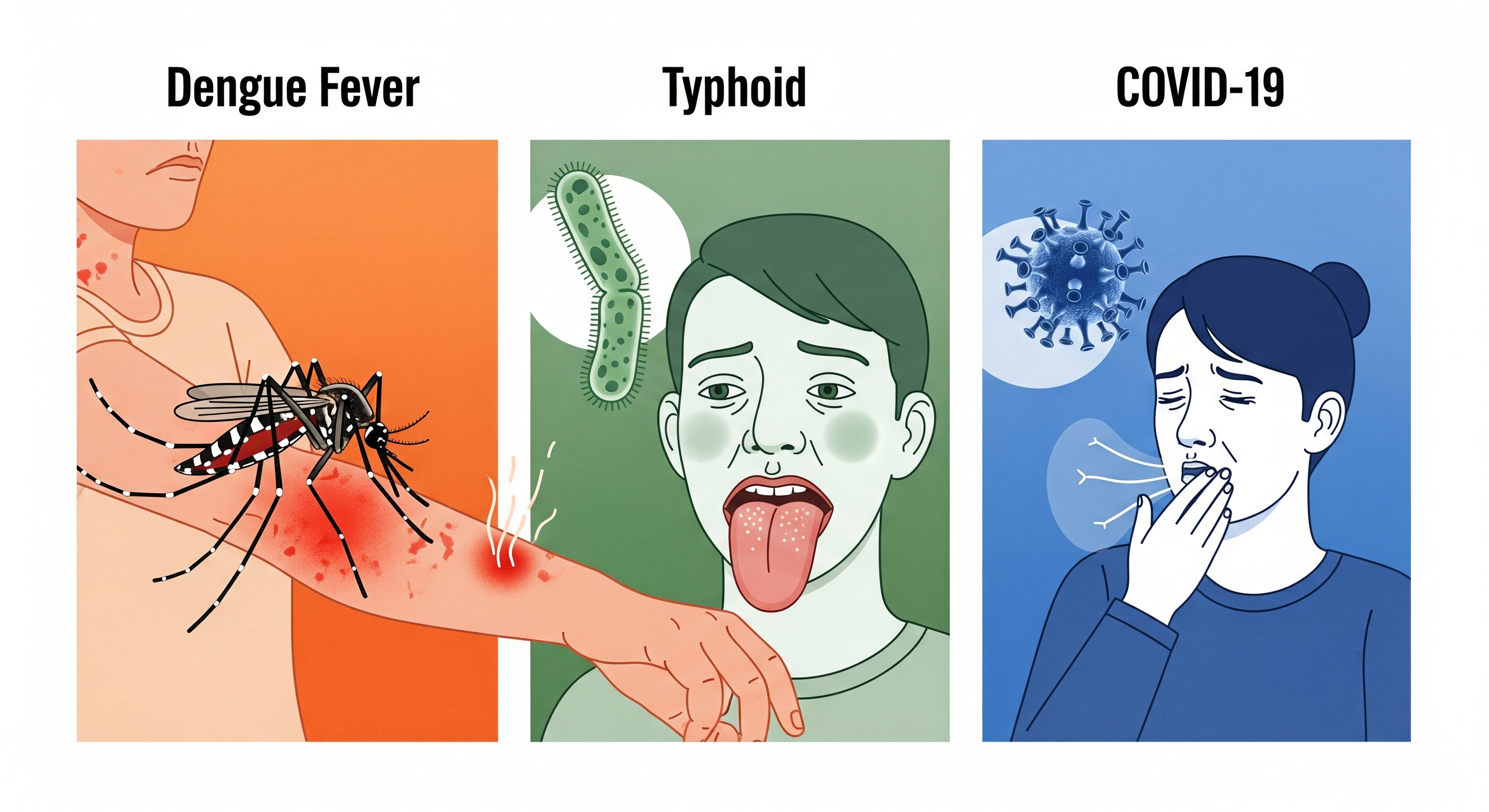 Ilustrasi infografis perbedaan gejala DBD, tipes, dan covid-19